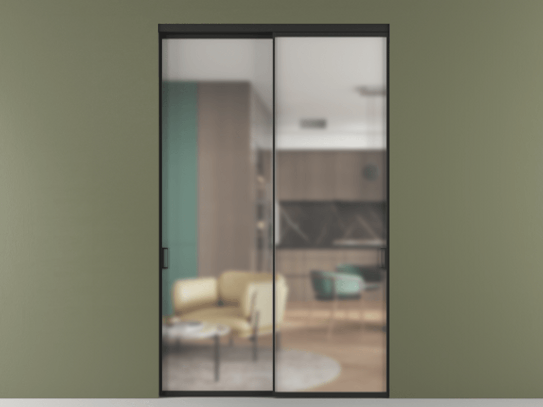 Перегородка Формато внутри проёма 2 створки АЛПР 040.01 Алюминий Черный Сатинированное стекло "Мателюкс Кристал Вижн", калёное, матовое, каленое 6 мм Цена 416080 ₽  | Volhovec