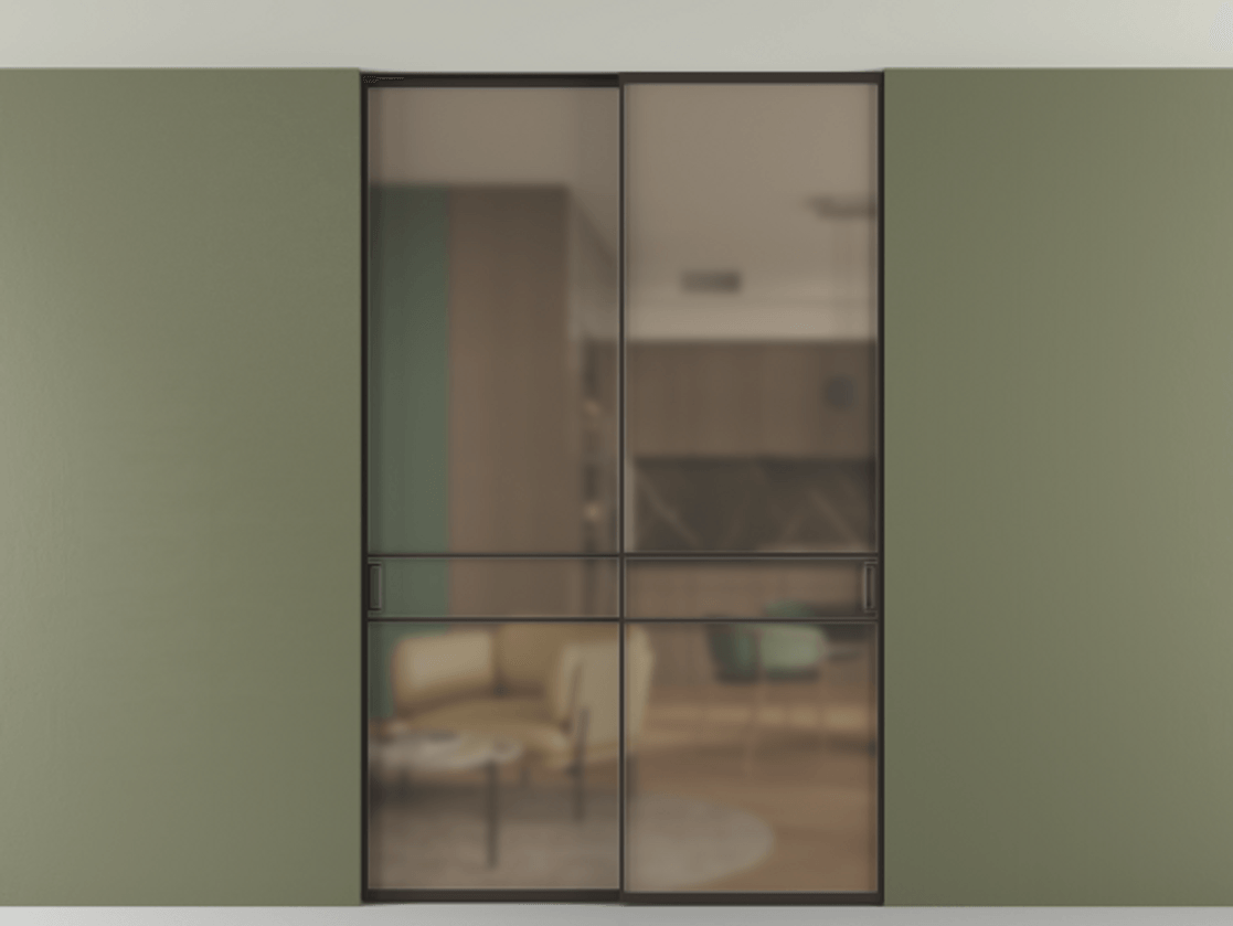 Перегородка Формато внутри проёма скрытое крепление в потолок 2 створки АЛПР 040.02 Алюминий антрацит Сатинированное бронзовое стекло, триплекс Цена 256476 ₽ | Volhovec