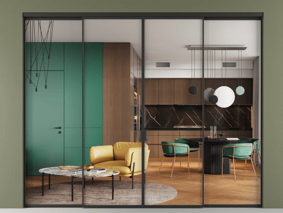 Алюминевая перегородка vn2+2_01 Crystalvision ЧЕР. Цвет Алюминий Черный. Материал Алюминий. Коллекция Перегородка Формато внутри проёма 4 створки. Картинка.